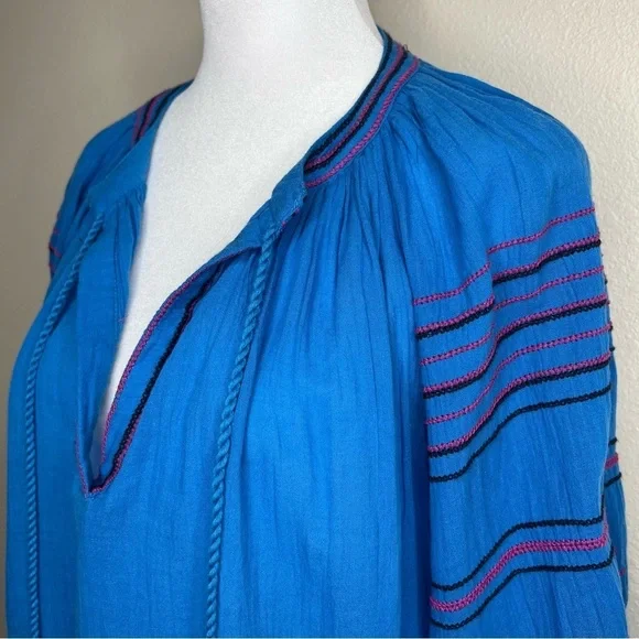 Anthro Maeve Blue & Pink Runaway Boho Southwestern Embroidered Peasant Top XS - Picture 7 of 16